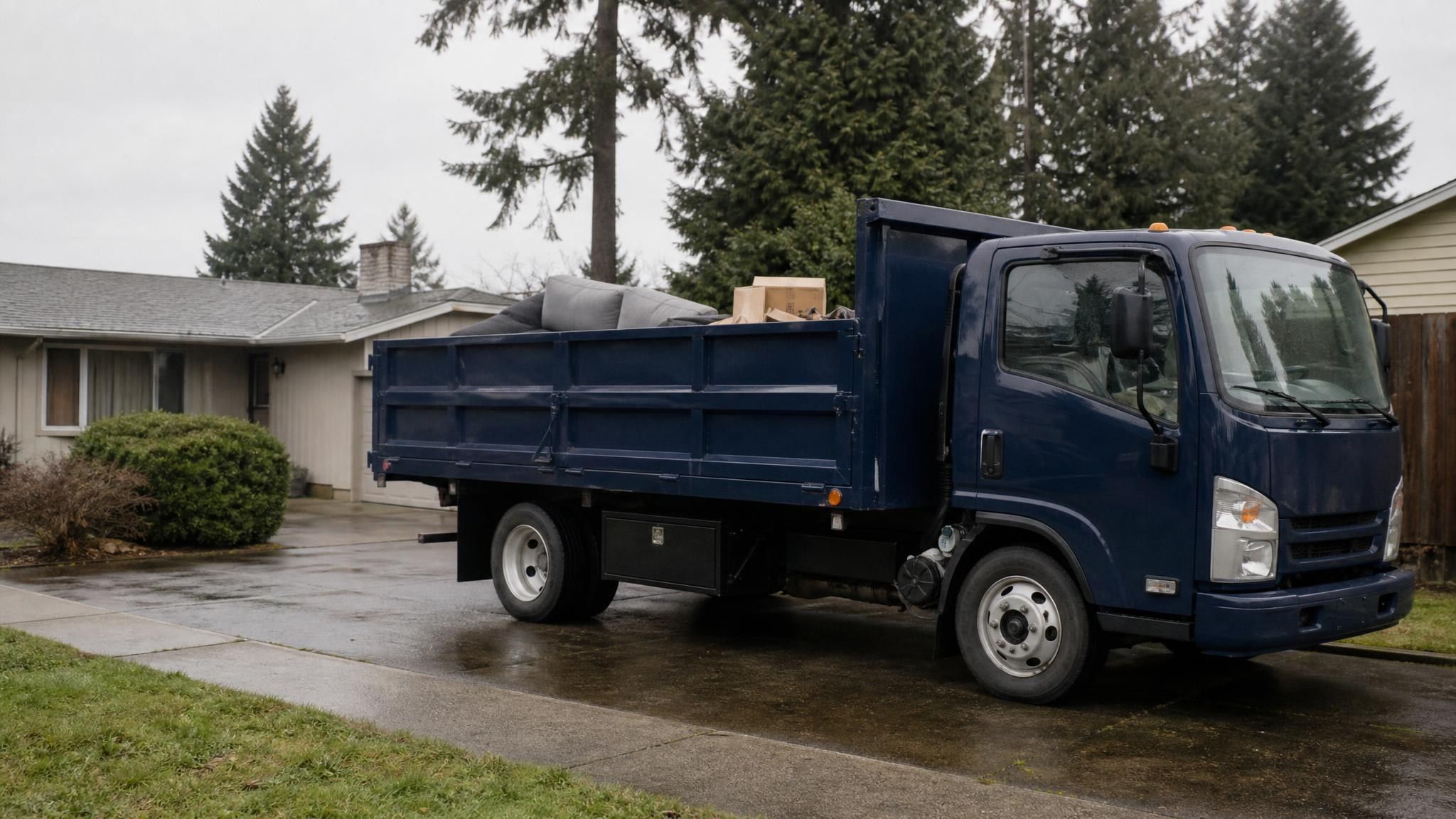 Navy Anker Junk Removal stake-bed truck, part loaded with a couch and boxes, in a wet driveway under Douglas firs