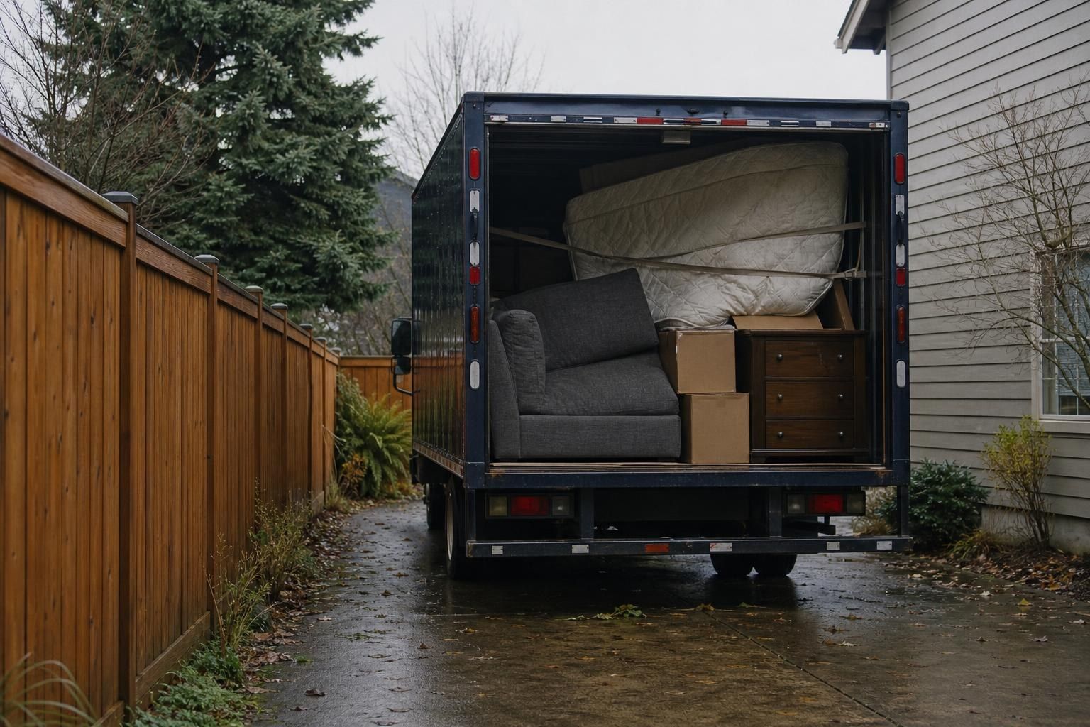 Open rear of the truck, half full with a sectional, boxes and a mattress, in a wet Portland driveway